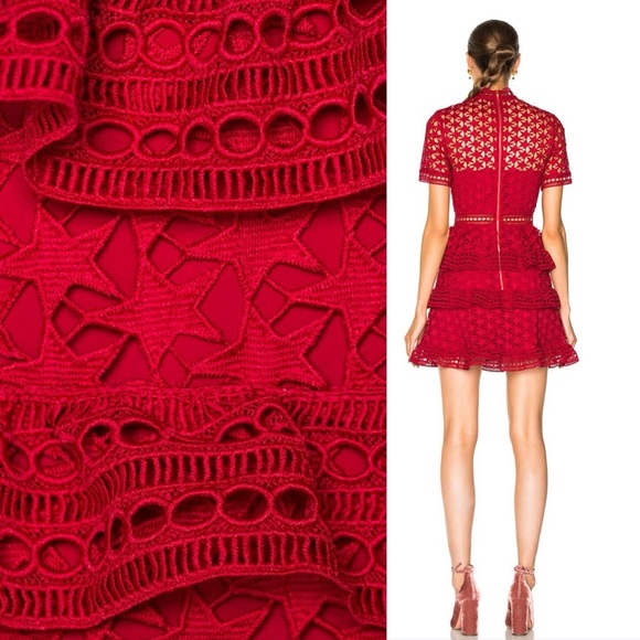 Self-Portrait High Neck Star Lace Panelled Dress in Red - Picture 2 of 7